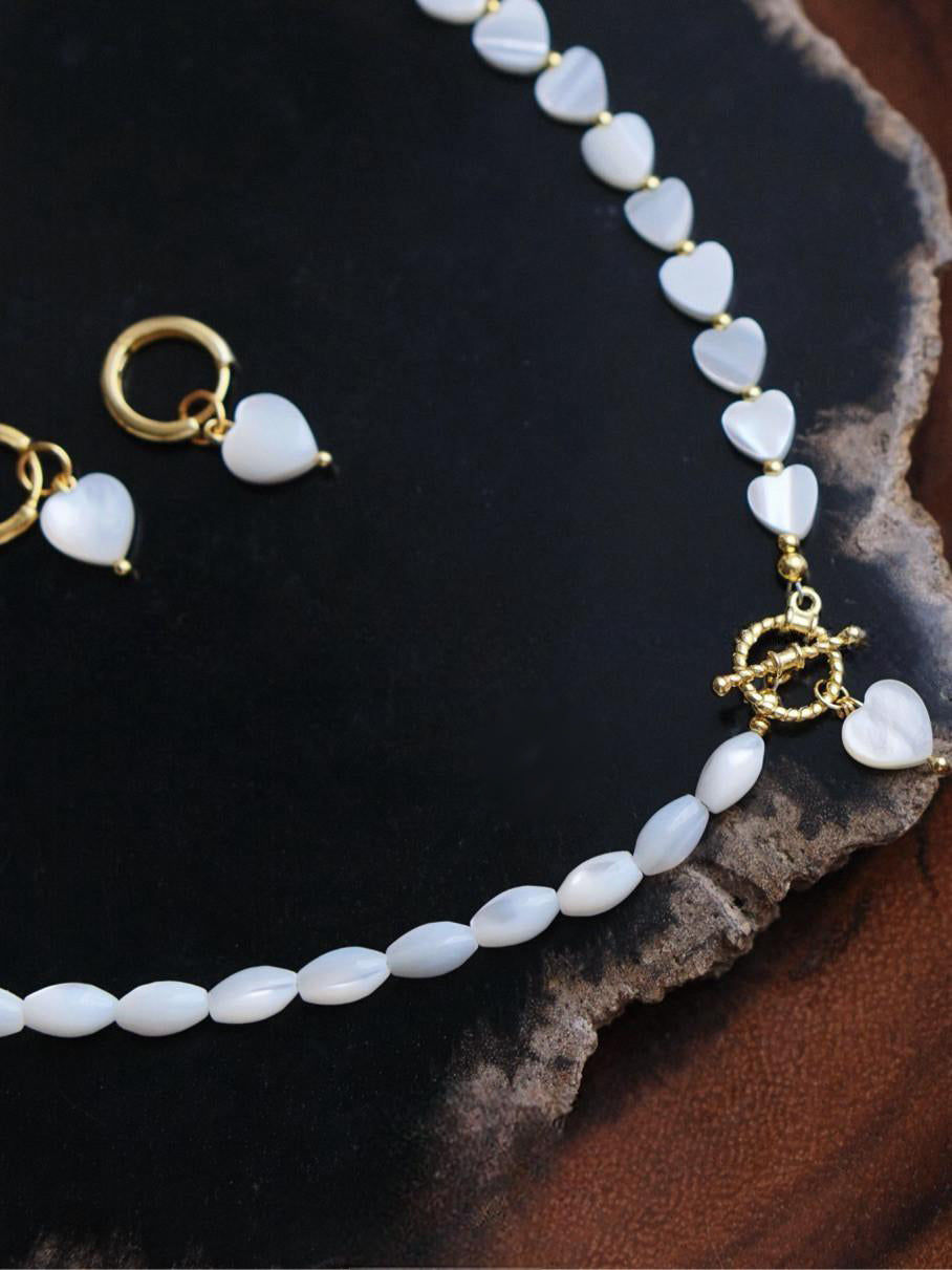 Natural Mother-of-Pearl Seed Bead Heart Pendant Necklace