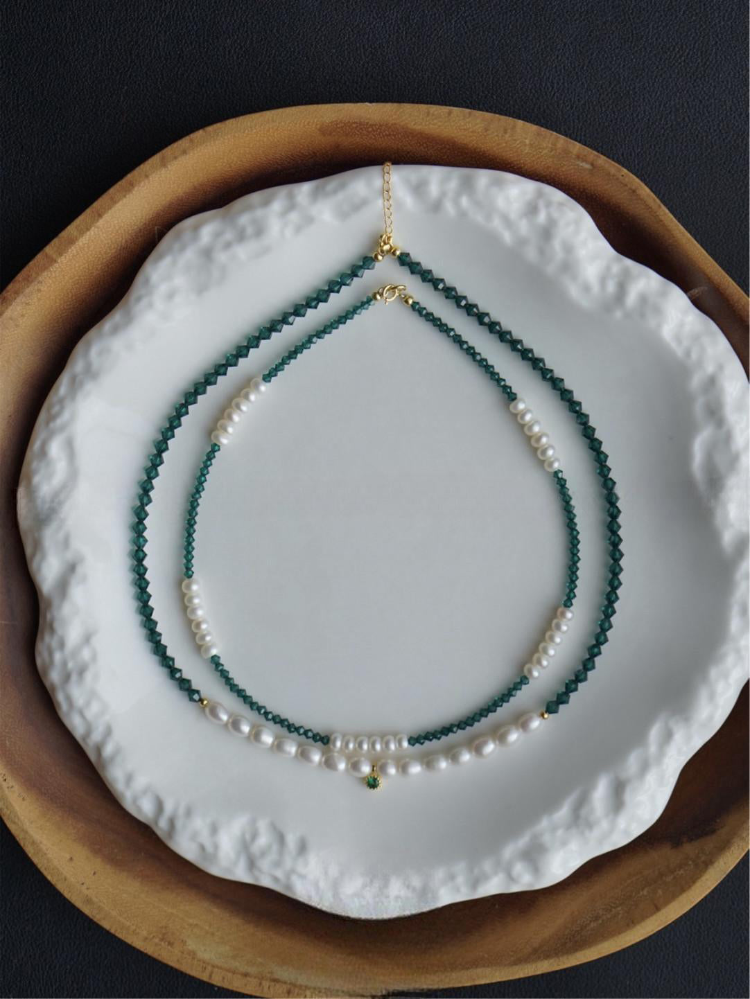 Emerald Green Austrian Crystal Freshwater Pearl Layered Necklace