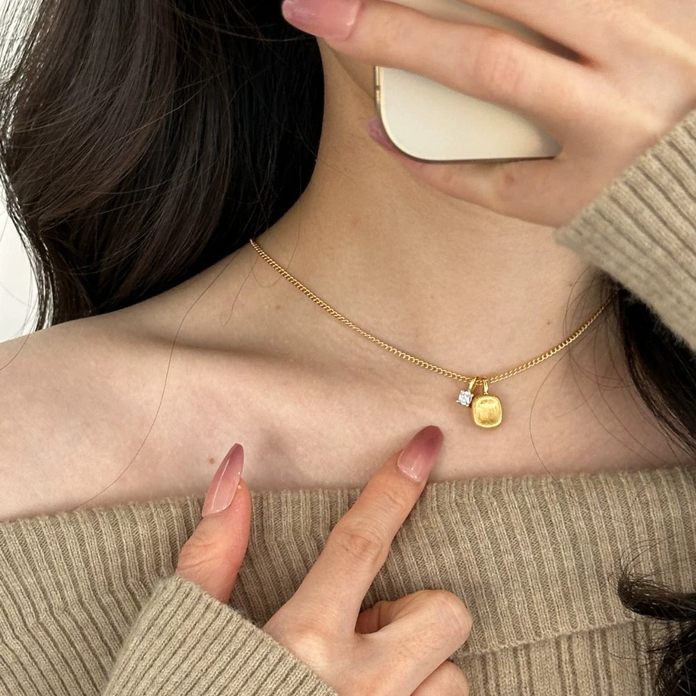 Square Pendant Zirconia Snake-Chain Necklace