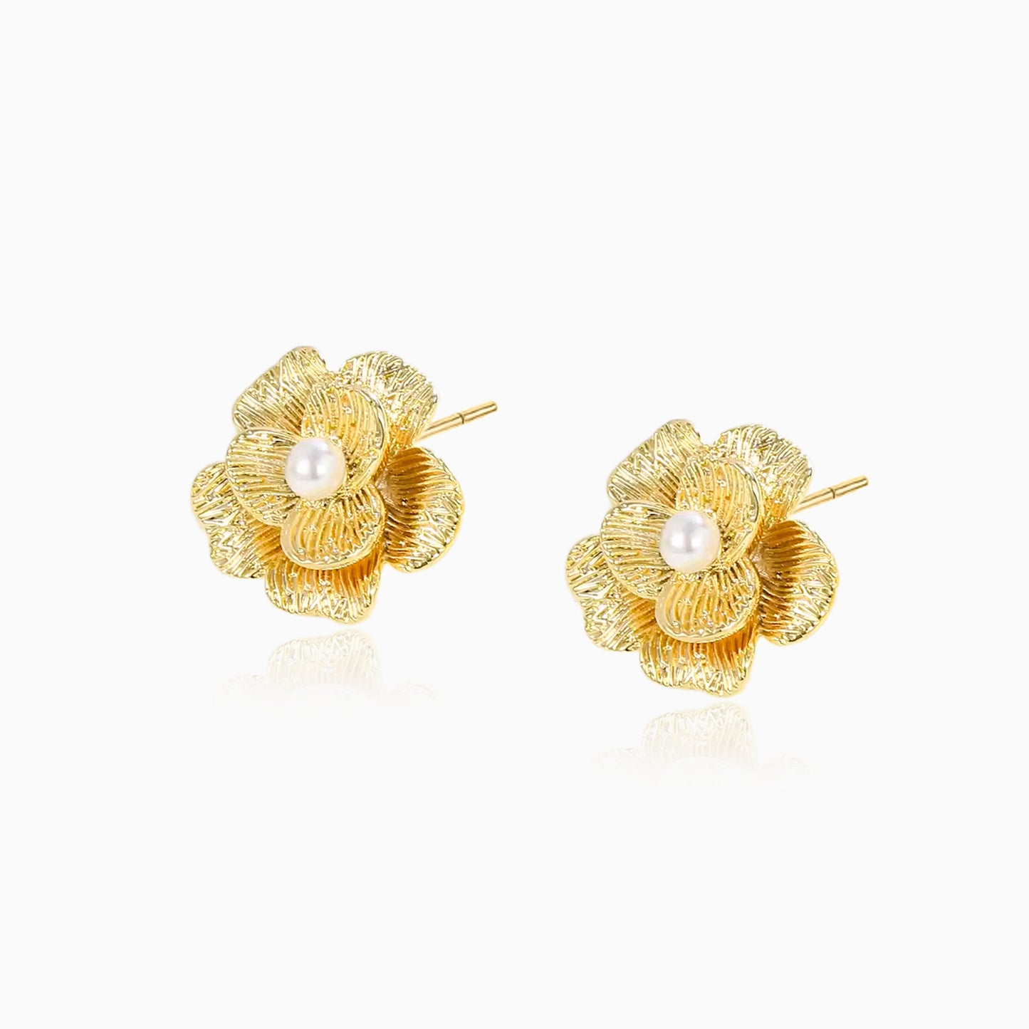 Gold Plated Floral Earrings With Natural Pearl