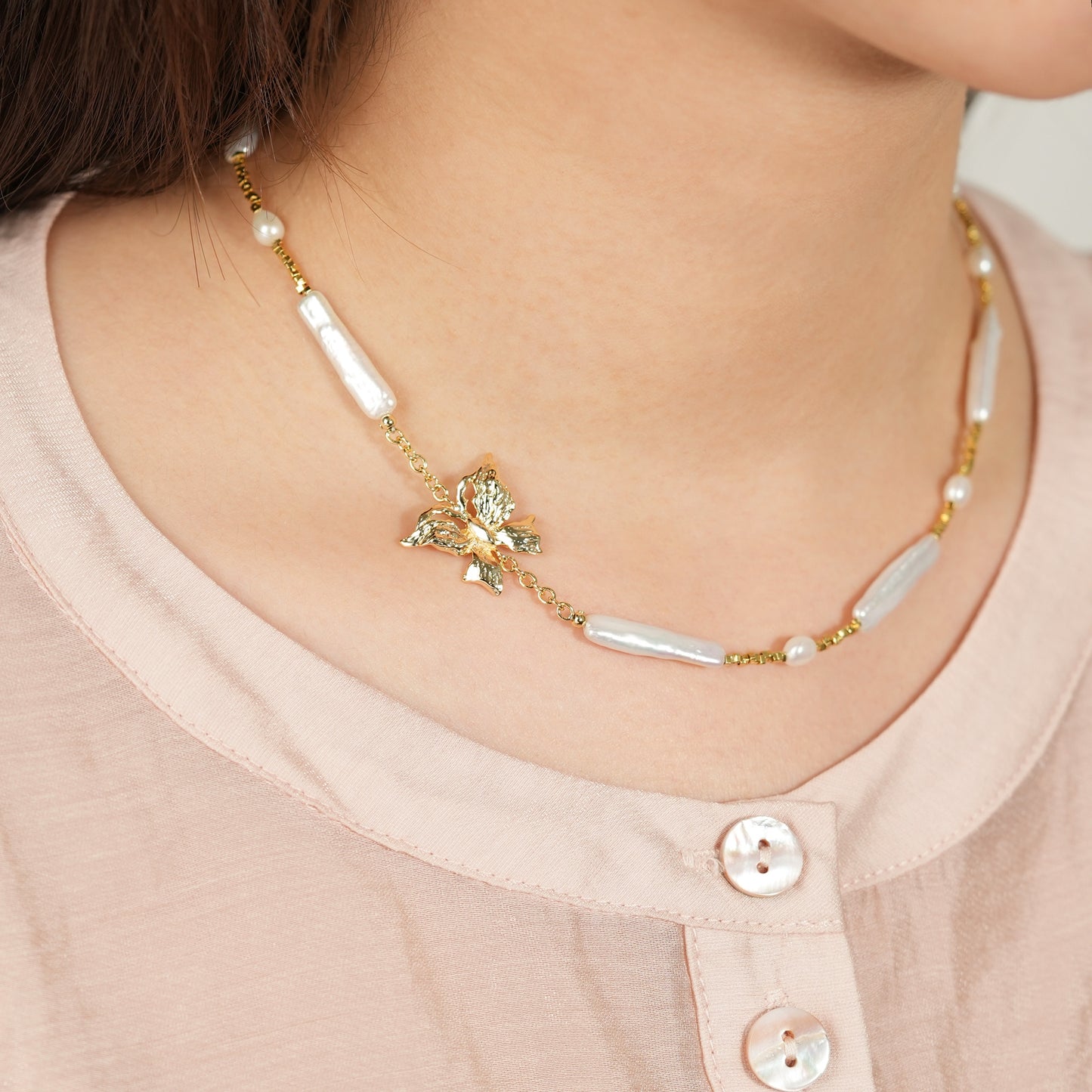 Butterfly & Elongated Mother of Pearl Necklace