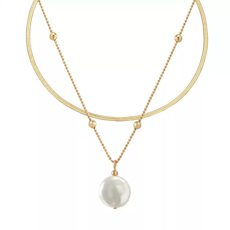 Snake-Chain Double Layer Beads Baroque Pearl Necklace