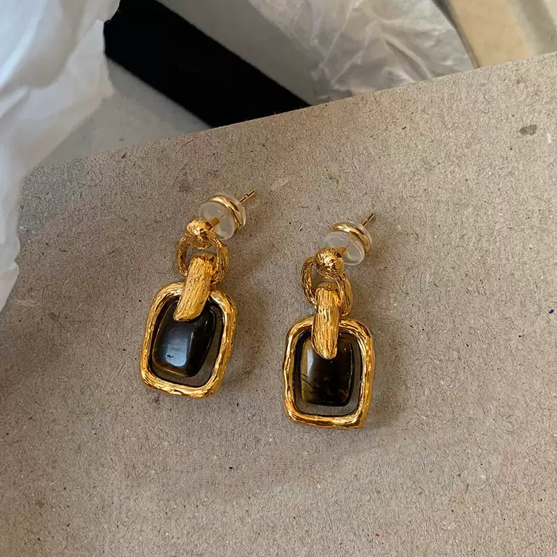 Tiger's Eye Stone Textured Gold Plated Earrings