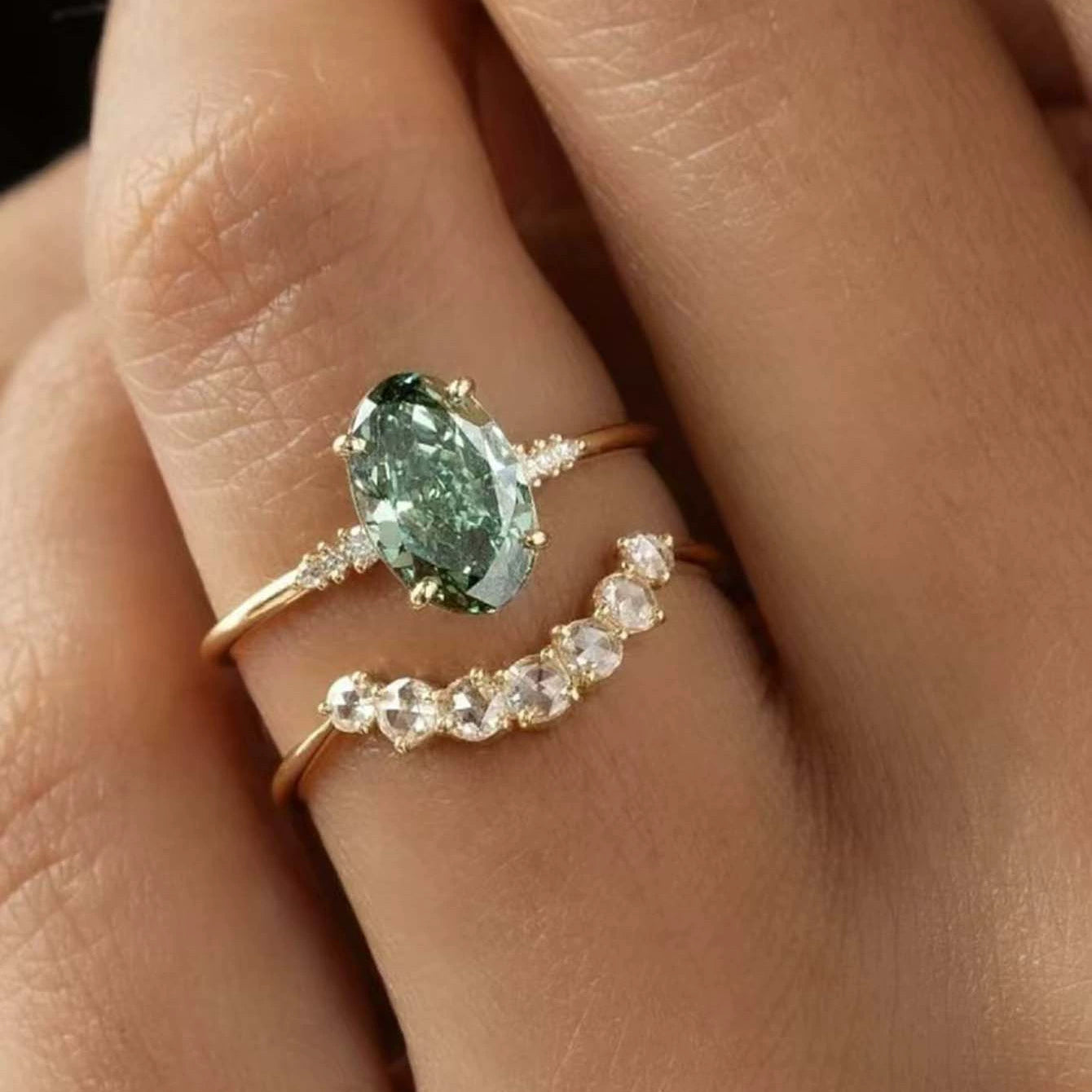 Aqua Green Moissanite 2Pcs Set Ring