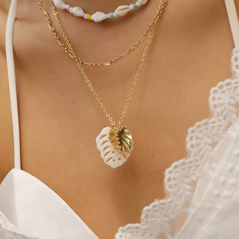 White Nacre Monstera Leaf Gold Plated Neckalce
