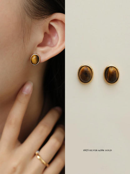 Vintage Minimalist Tiger Eye Stone Earrings