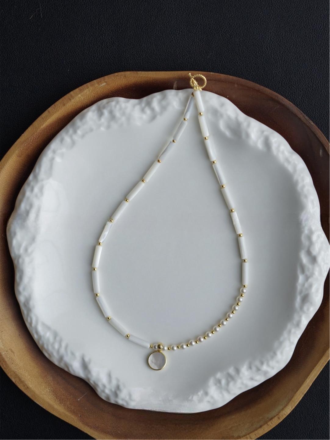 Gold Plated Natural Mother-of-Pearl Bamboo Pendant Necklace