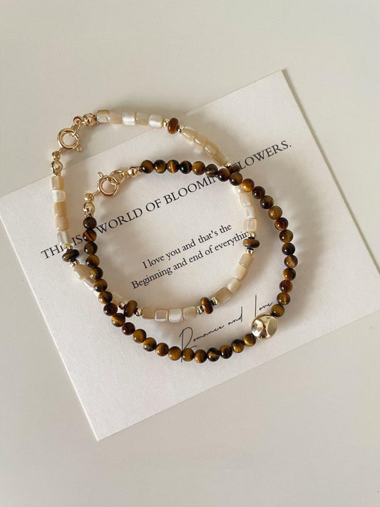 Retro Tiger Eye Stone Natural Shell Beaded Bracelet Set (2 pcs)