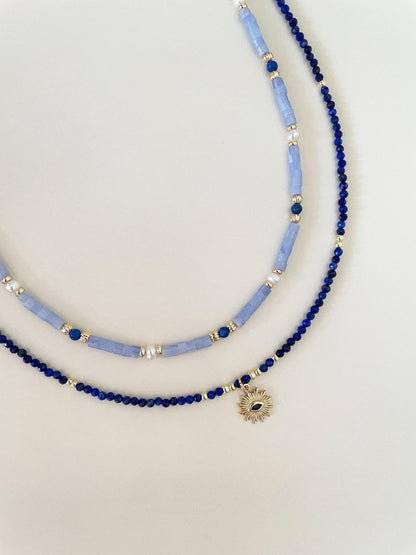 Retro Blue Natural Stone Evil Eye Layered Necklace