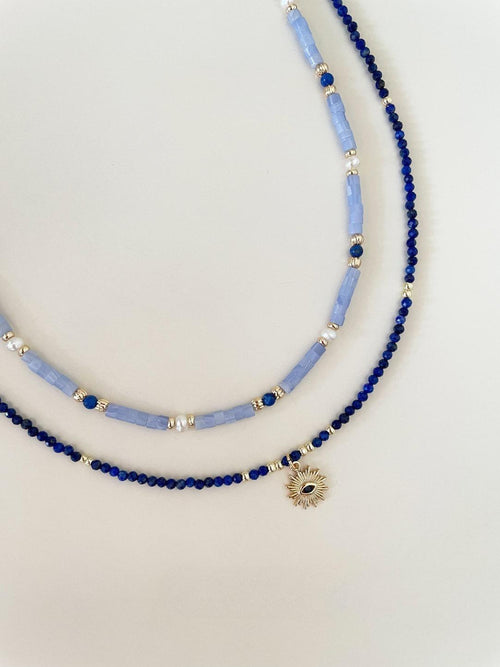 Retro Blue Natural Stone Evil Eye Layered Necklace