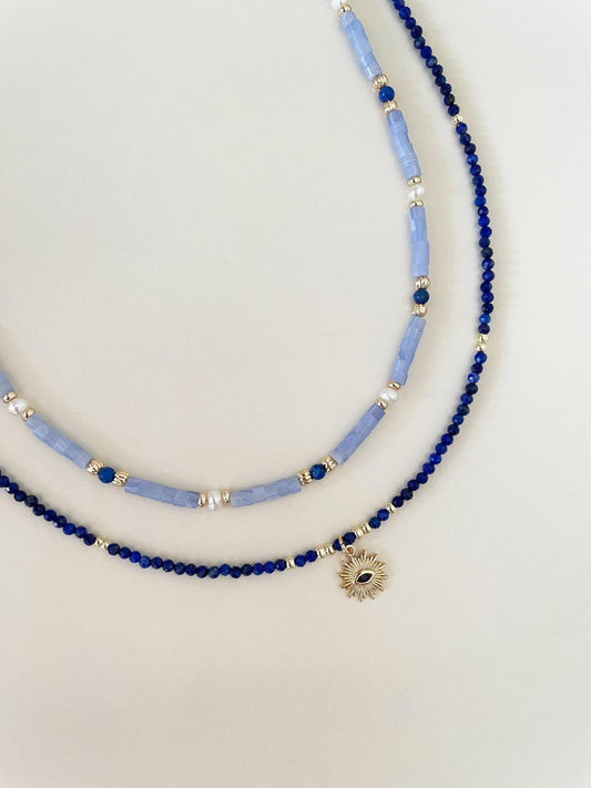Retro Blue Natural Stone Evil Eye Layered Necklace