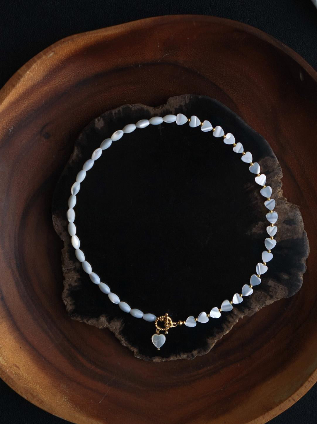Natural Mother-of-Pearl Seed Bead Heart Pendant Necklace