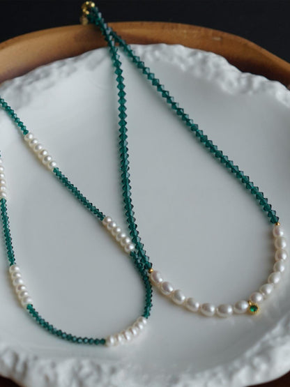 Emerald Green Austrian Crystal Freshwater Pearl Layered Necklace