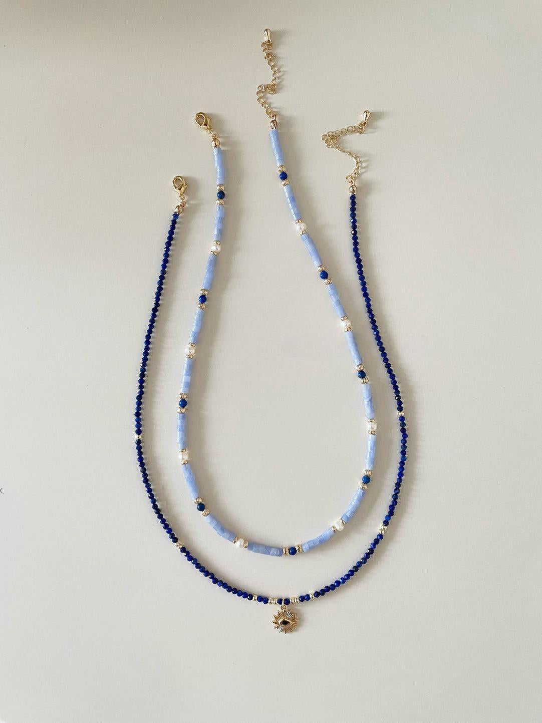 Retro Blue Natural Stone Evil Eye Layered Necklace