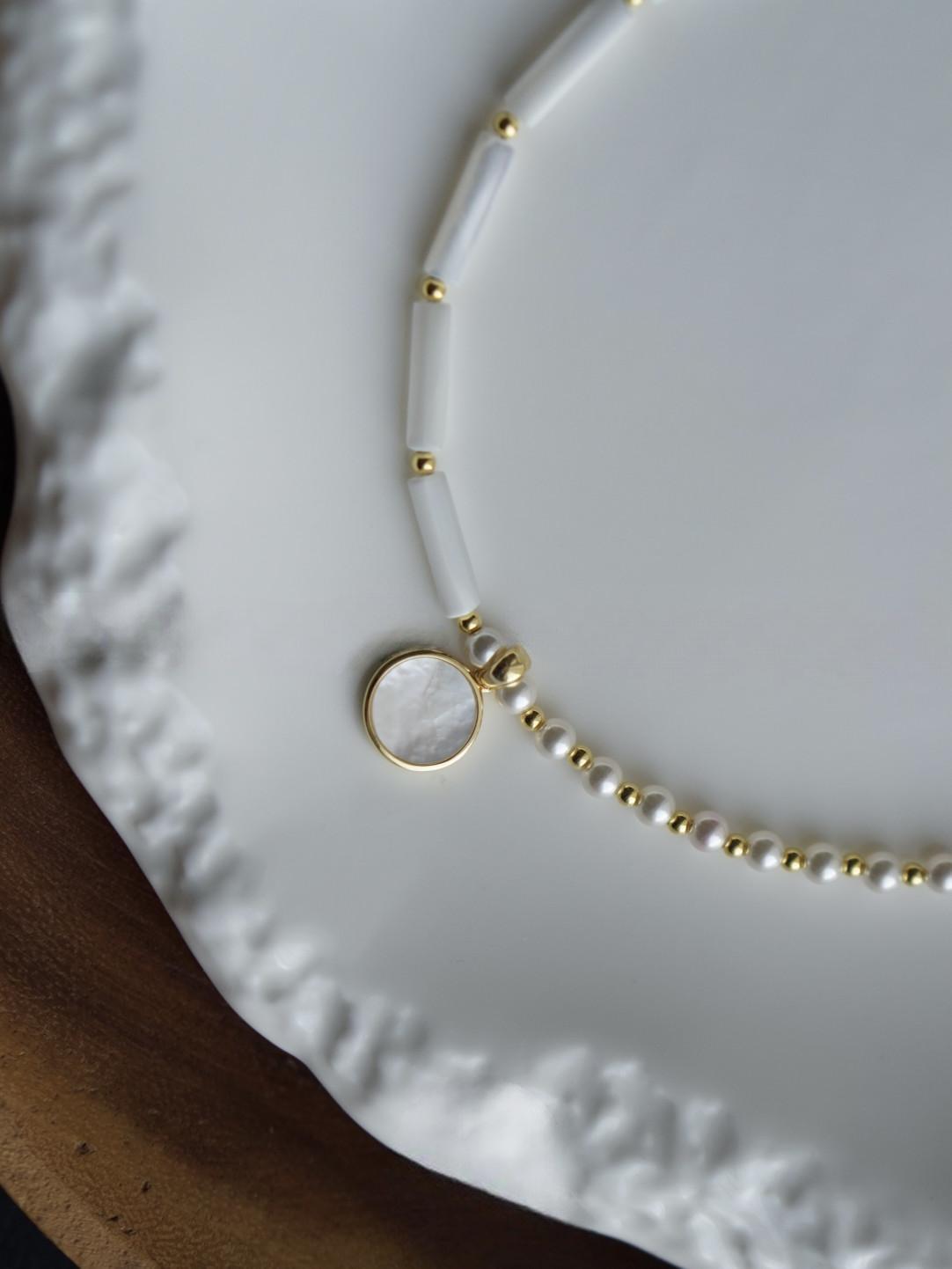 Gold Plated Natural Mother-of-Pearl Bamboo Pendant Necklace
