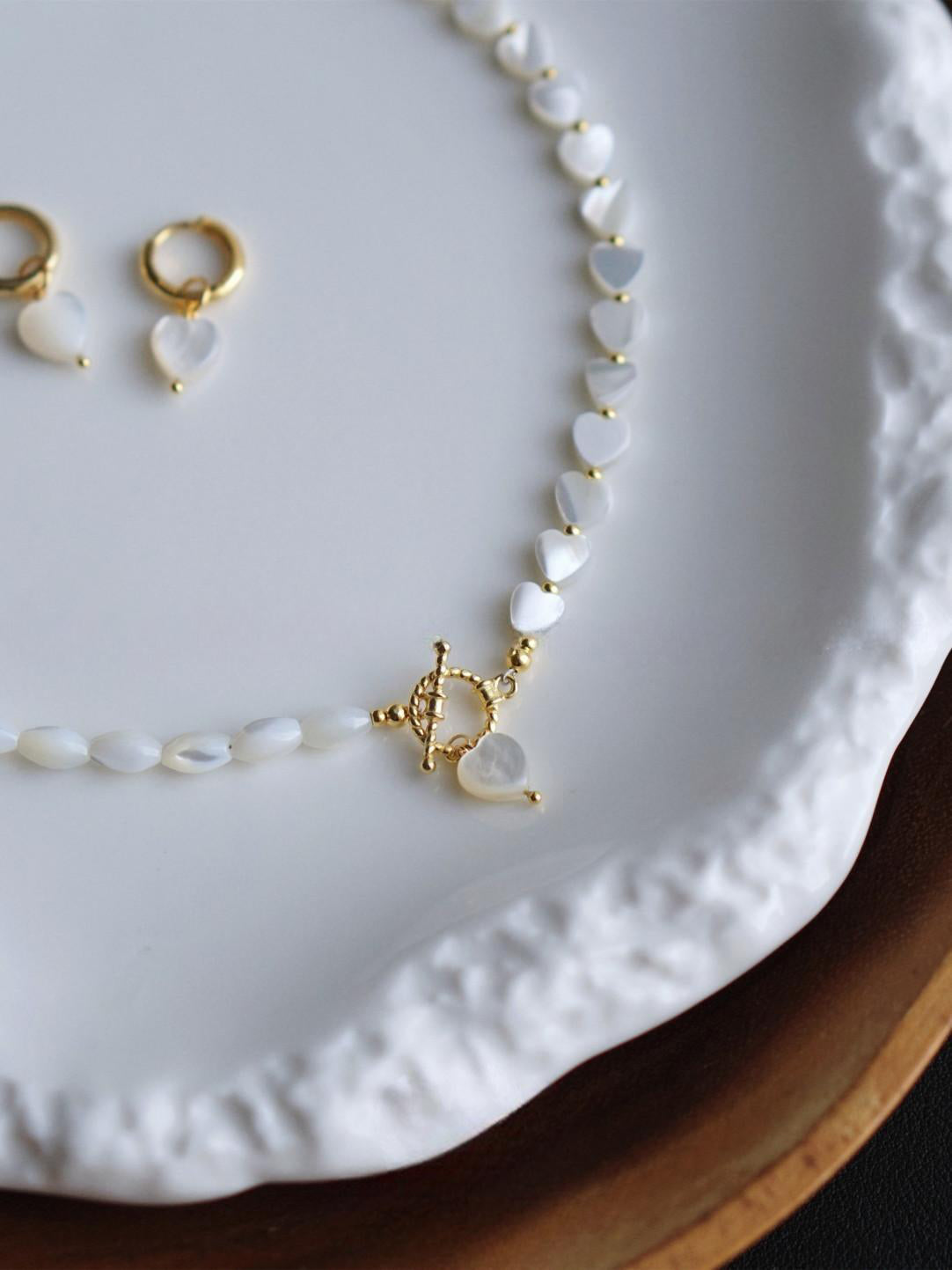 Natural Mother-of-Pearl Seed Bead Heart Pendant Necklace