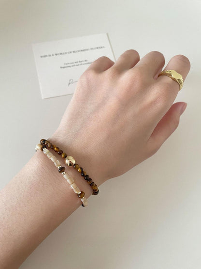 Retro Tiger Eye Stone Natural Shell Beaded Bracelet Set (2 pcs)