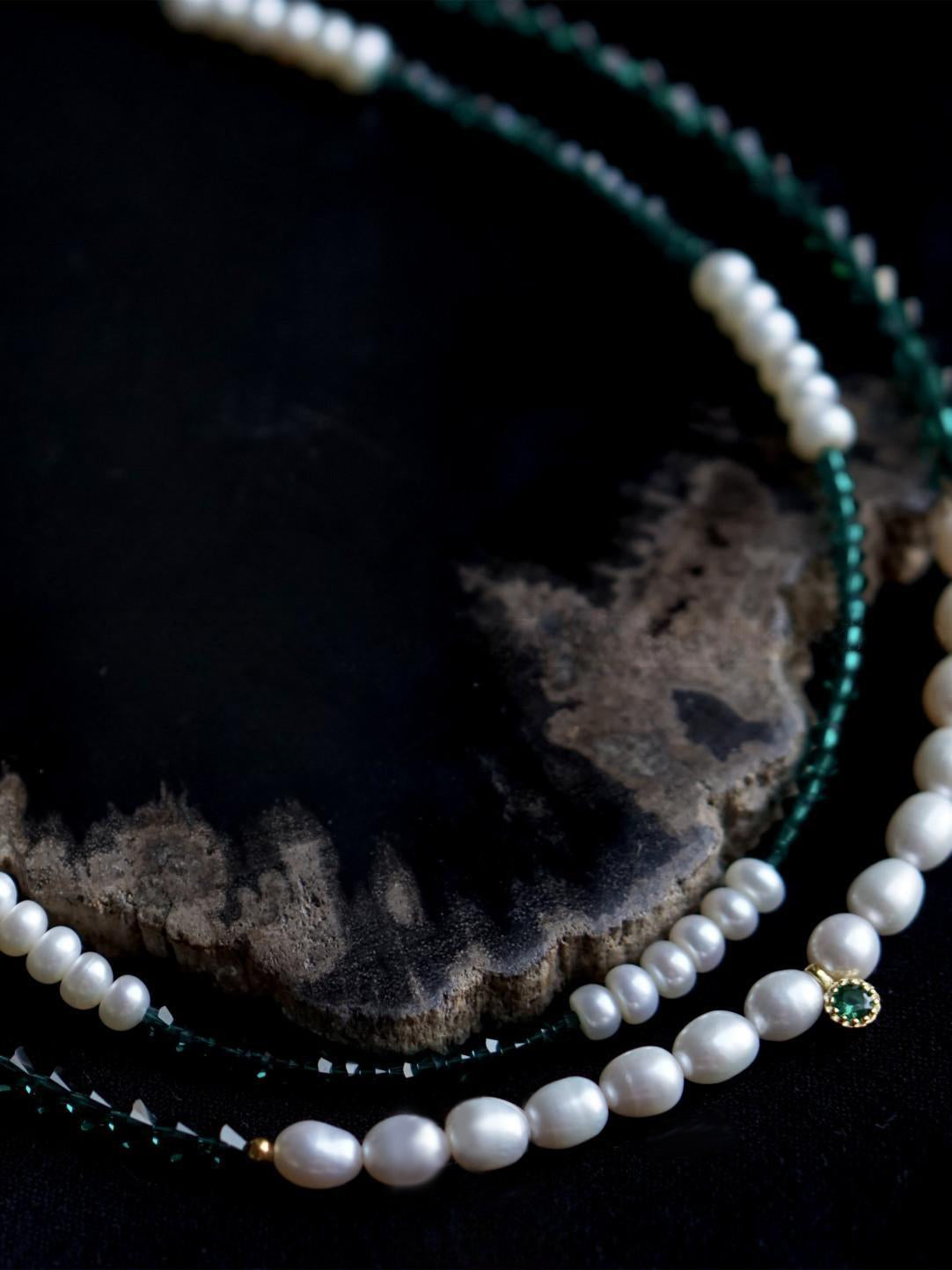 Emerald Green Austrian Crystal Freshwater Pearl Layered Necklace
