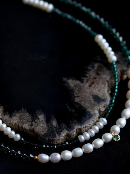 Emerald Green Austrian Crystal Freshwater Pearl Layered Necklace