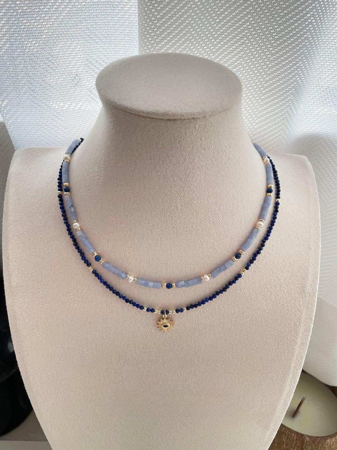 Retro Blue Natural Stone Evil Eye Layered Necklace