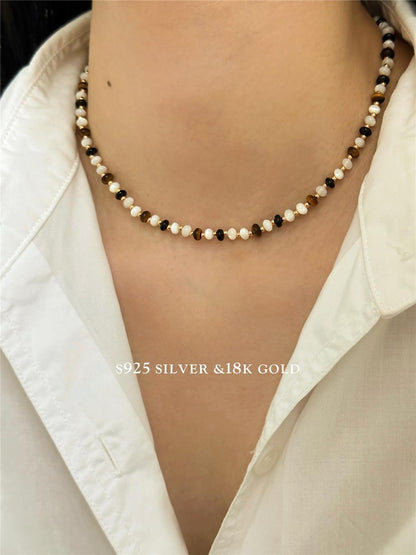 S925 Tiger Eye Beaded and Pearl Necklace
