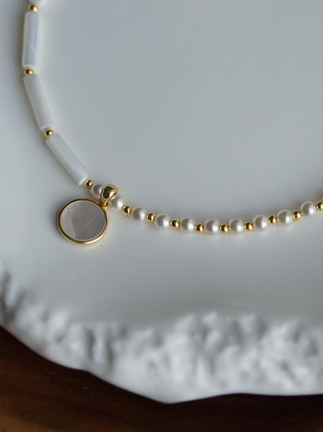 Gold Plated Natural Mother-of-Pearl Bamboo Pendant Necklace