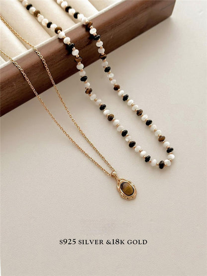 S925 Tiger Eye Beaded and Pearl Necklace