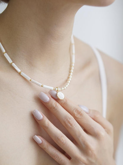 Gold Plated Natural Mother-of-Pearl Bamboo Pendant Necklace