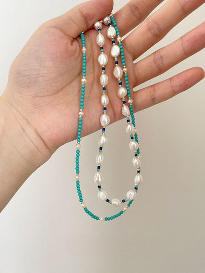 Lapis Lazuli Turquoise Baroque Pearl Necklace