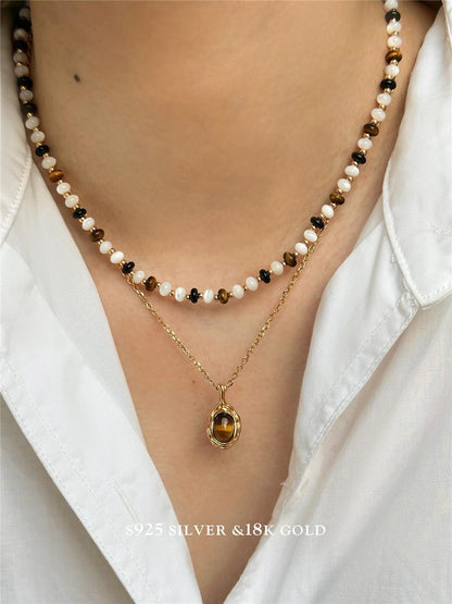 S925 Tiger Eye Beaded and Pearl Necklace