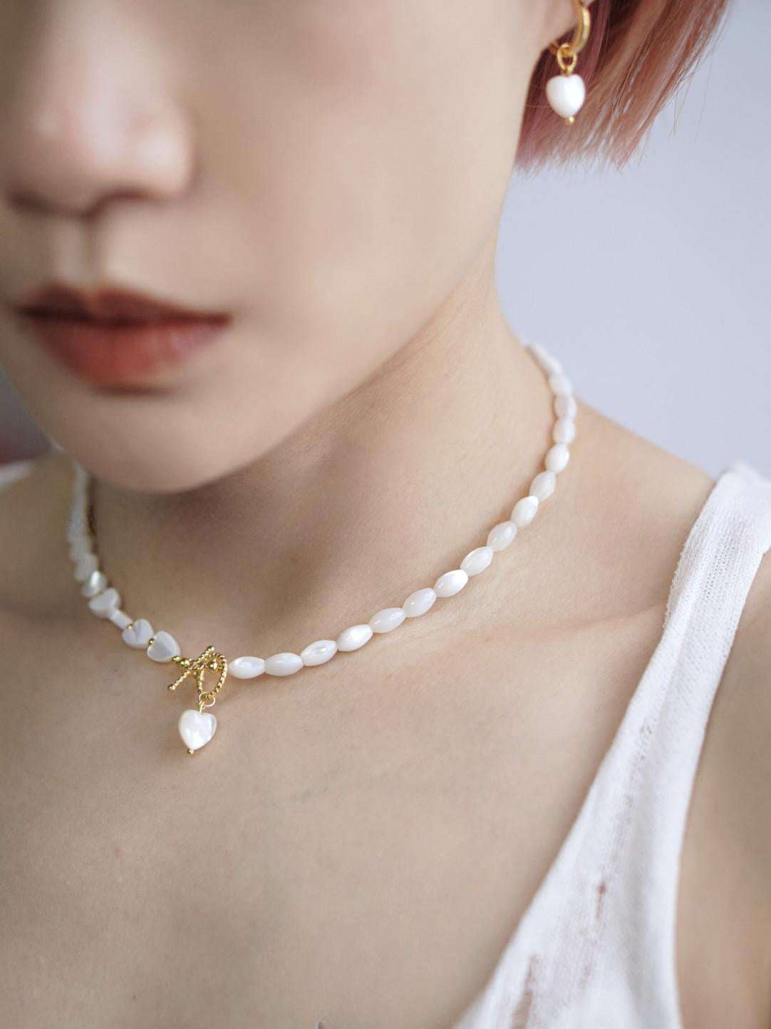 Natural Mother-of-Pearl Seed Bead Heart Pendant Necklace