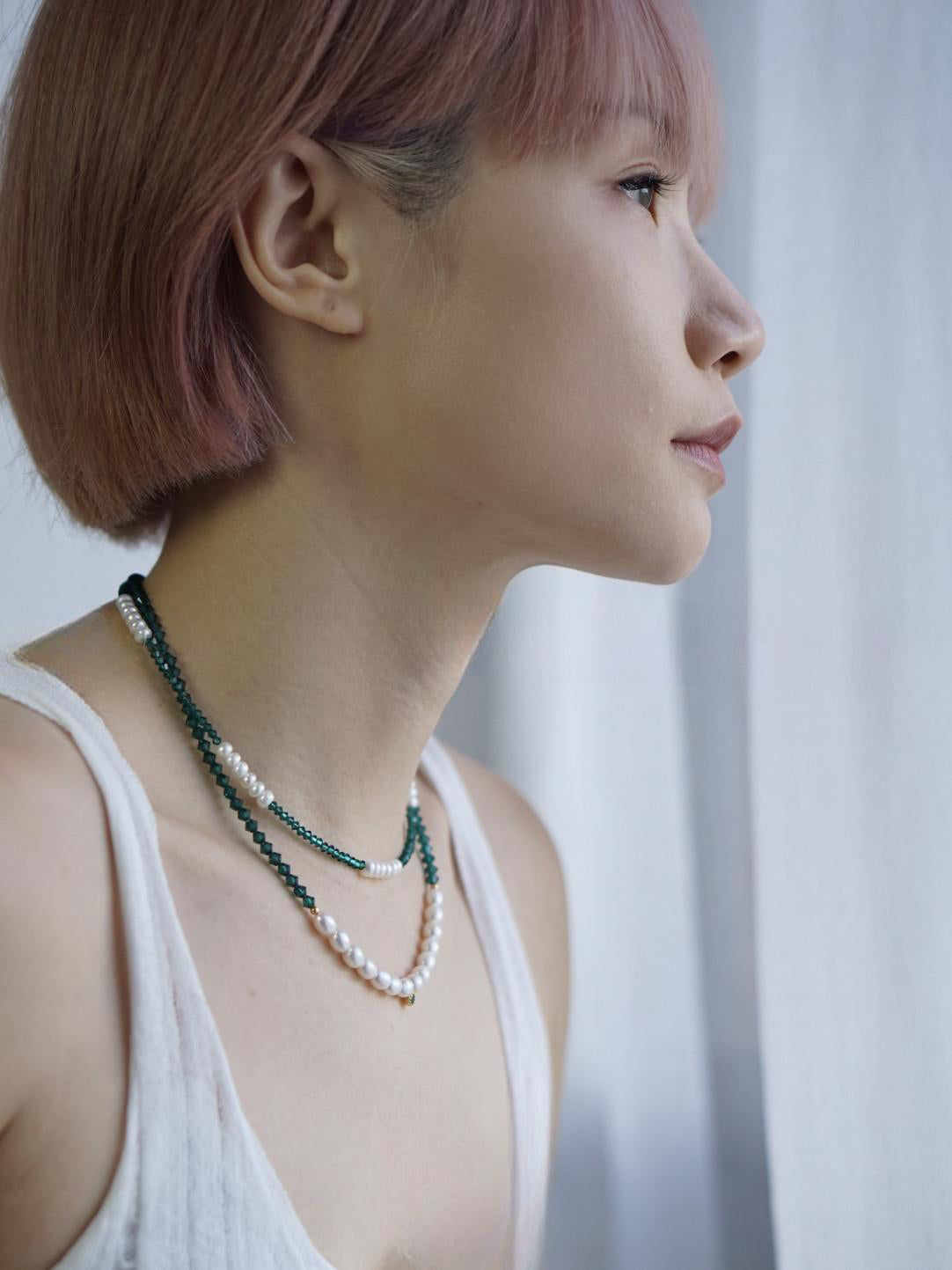 Emerald Green Austrian Crystal Freshwater Pearl Layered Necklace