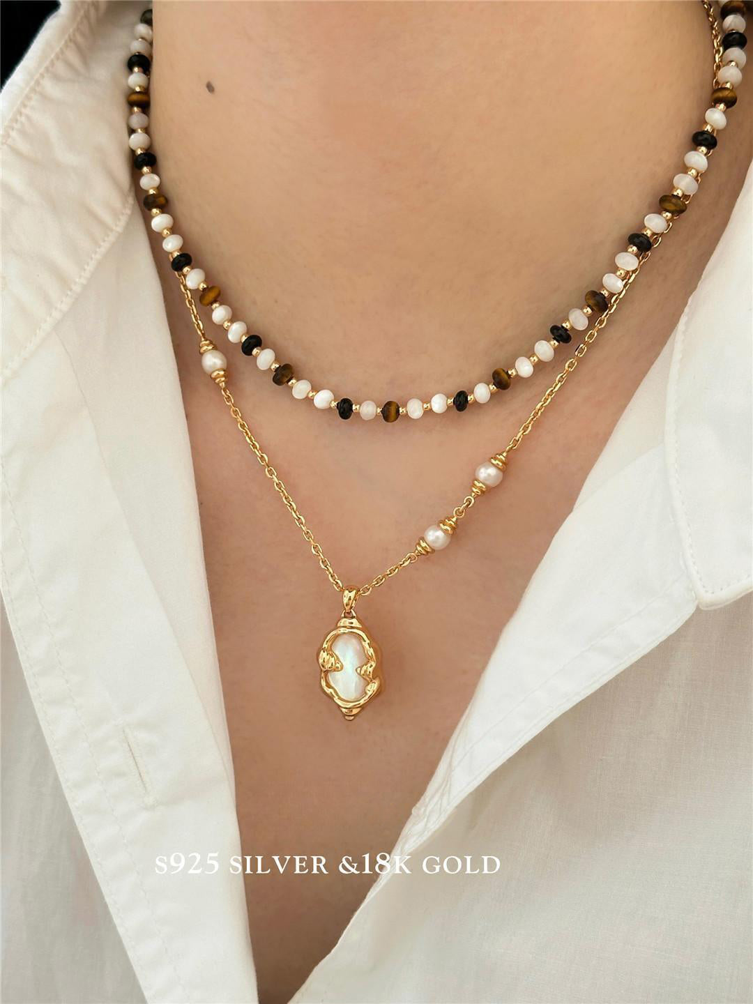 S925 Tiger Eye Beaded and Pearl Necklace
