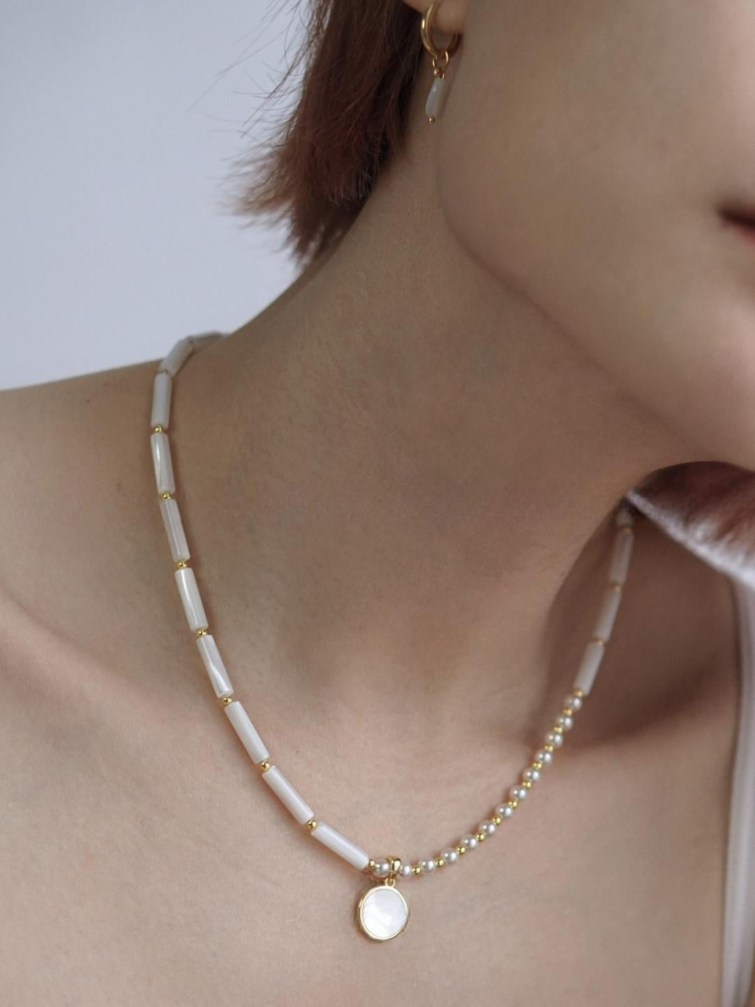 Gold Plated Natural Mother-of-Pearl Bamboo Pendant Necklace