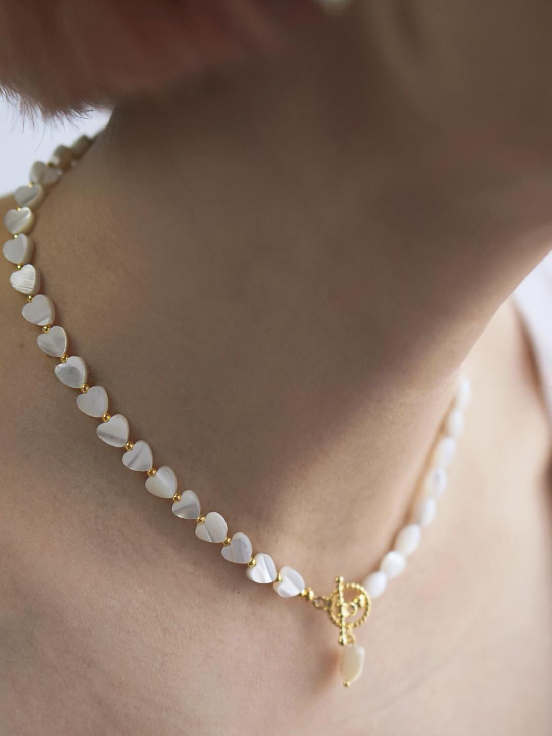 Natural Mother-of-Pearl Seed Bead Heart Pendant Necklace