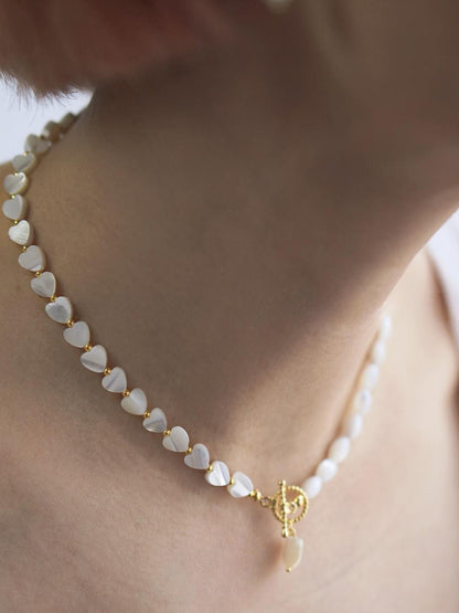 Natural Mother-of-Pearl Seed Bead Heart Pendant Necklace