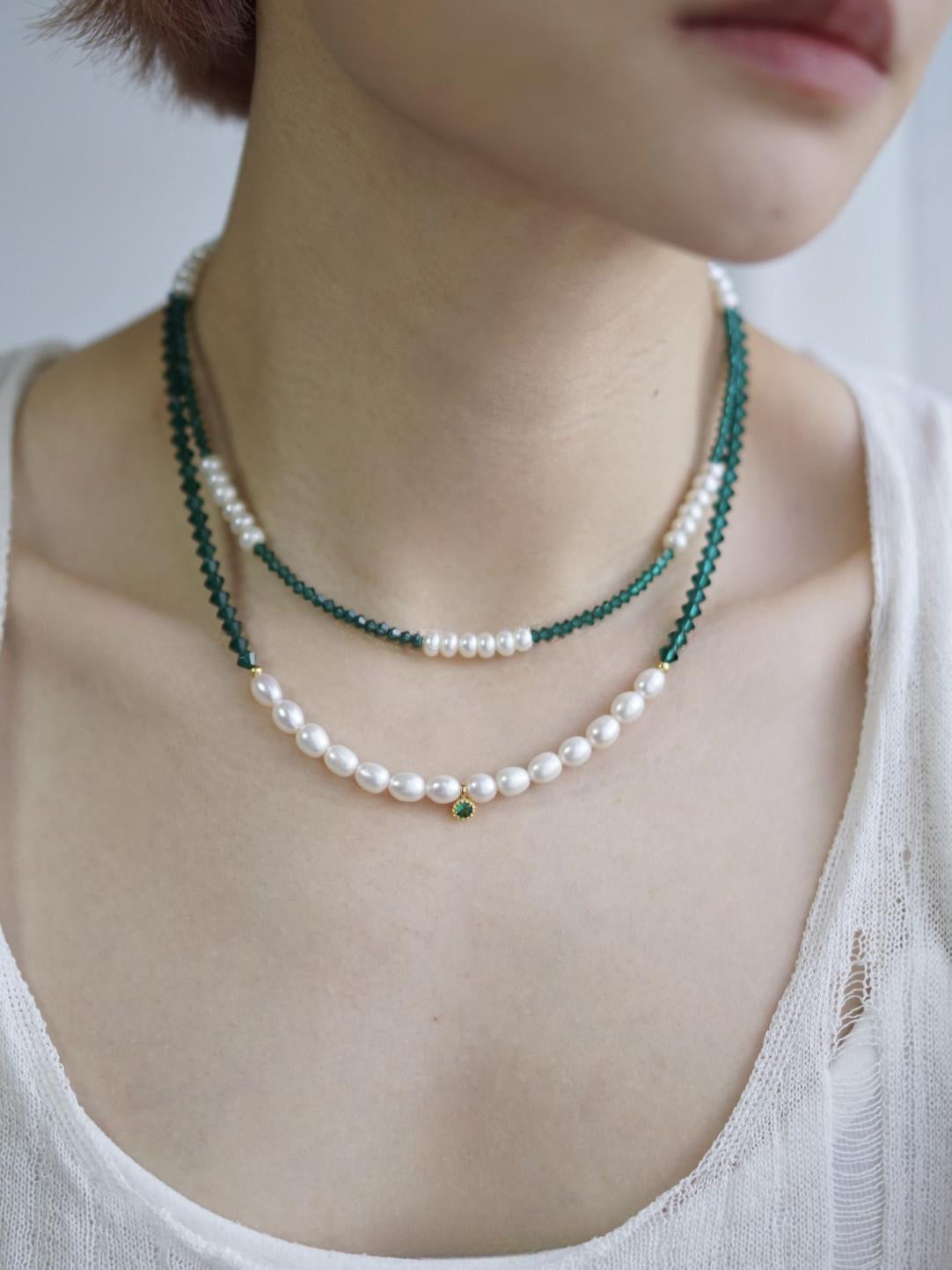 Emerald Green Austrian Crystal Freshwater Pearl Layered Necklace