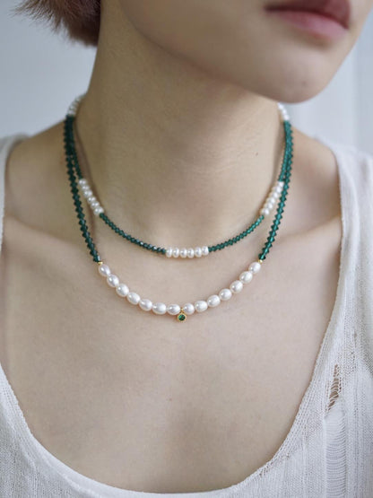 Emerald Green Austrian Crystal Freshwater Pearl Layered Necklace