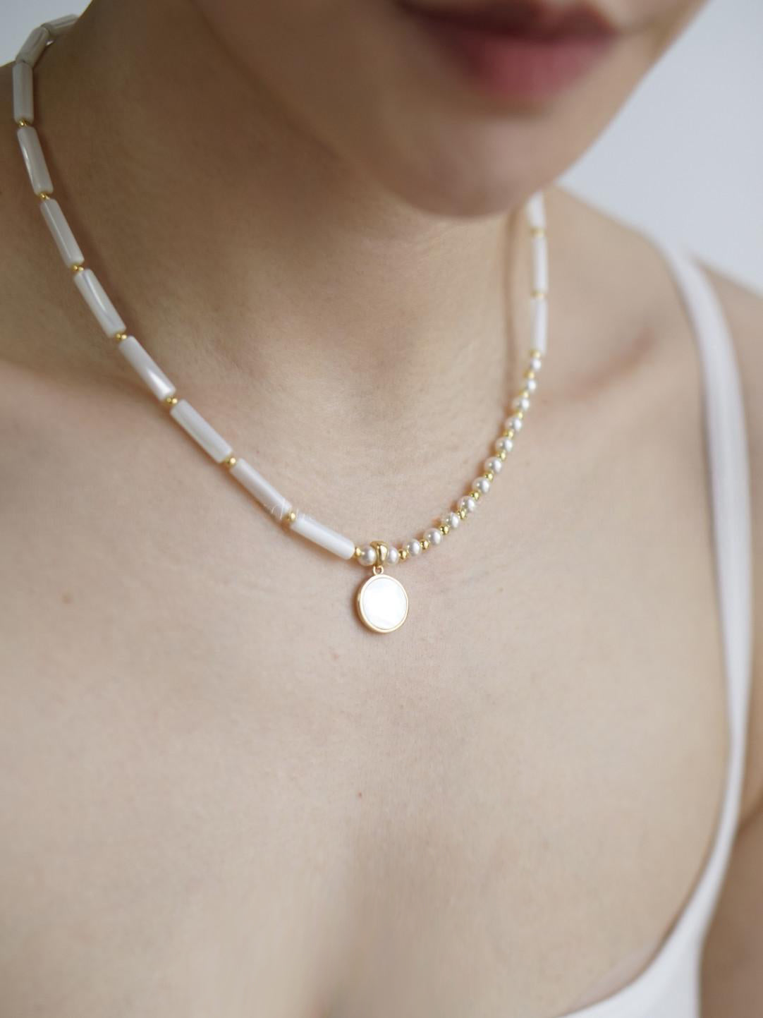 Gold Plated Natural Mother-of-Pearl Bamboo Pendant Necklace