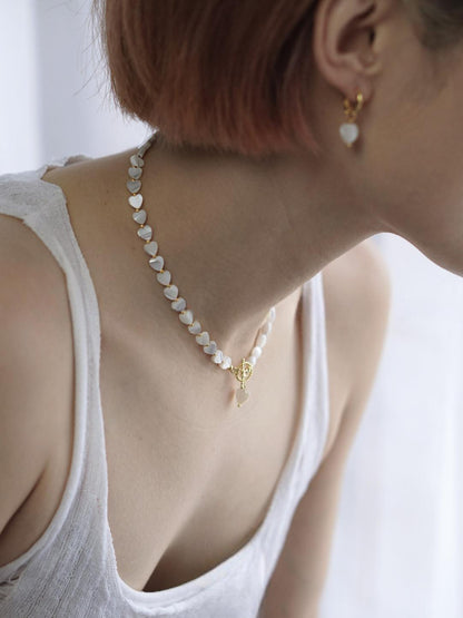 Natural Mother-of-Pearl Seed Bead Heart Pendant Necklace