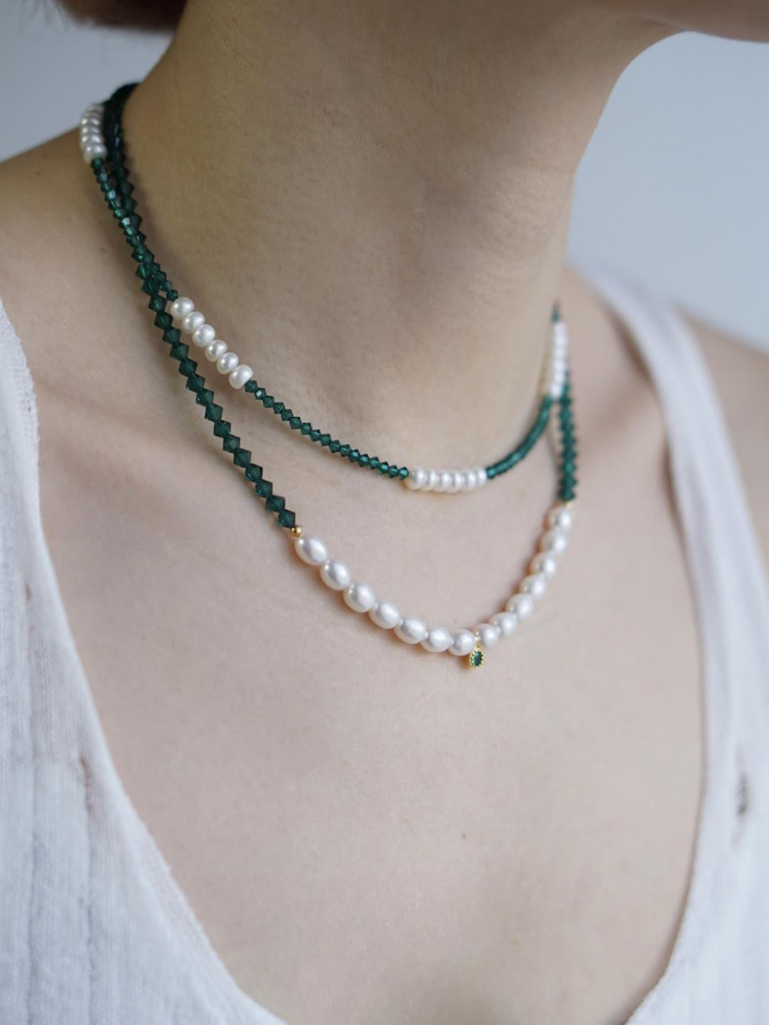 Emerald Green Austrian Crystal Freshwater Pearl Layered Necklace