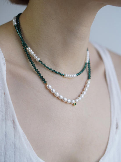 Emerald Green Austrian Crystal Freshwater Pearl Layered Necklace