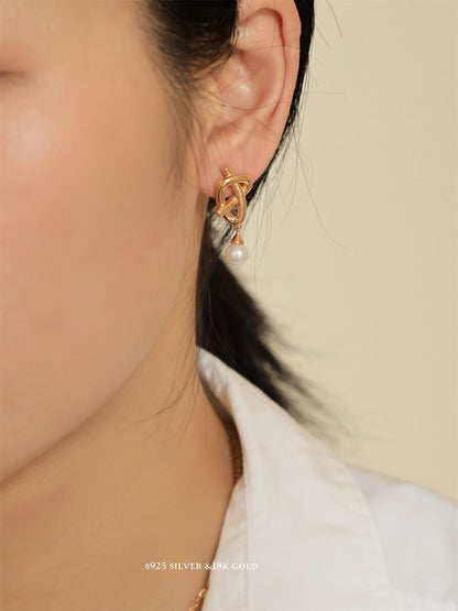 Weave Shaped Gold Plated Pearl Earrings