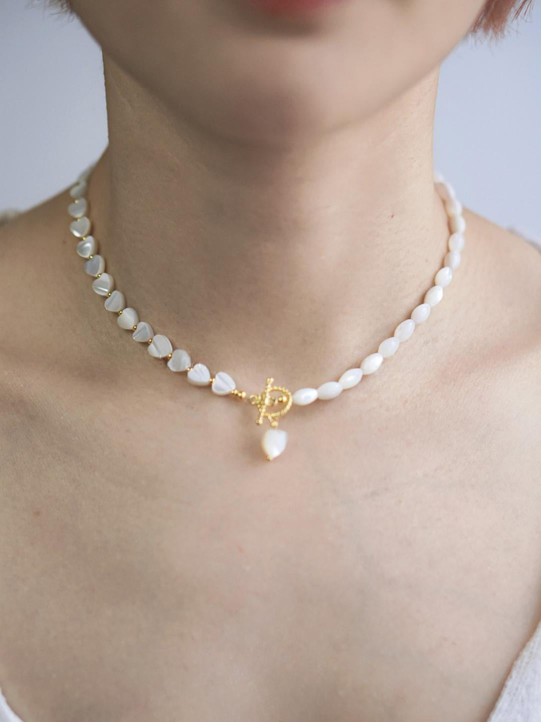 Natural Mother-of-Pearl Seed Bead Heart Pendant Necklace