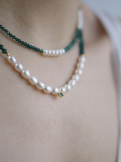 Emerald Green Austrian Crystal Freshwater Pearl Layered Necklace