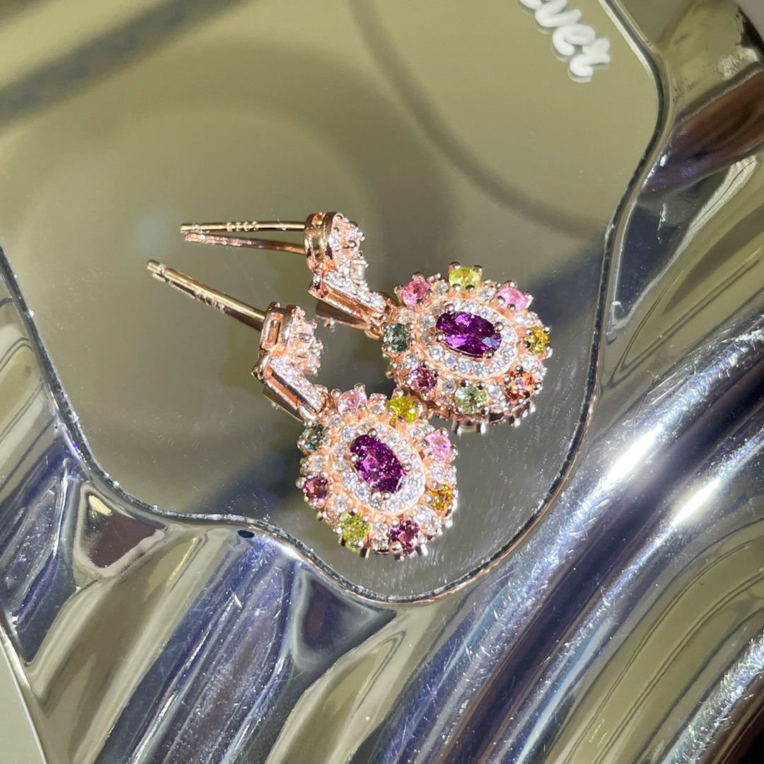 Multicolor Tourmaline Halo Oval-Cut Drop Earrings