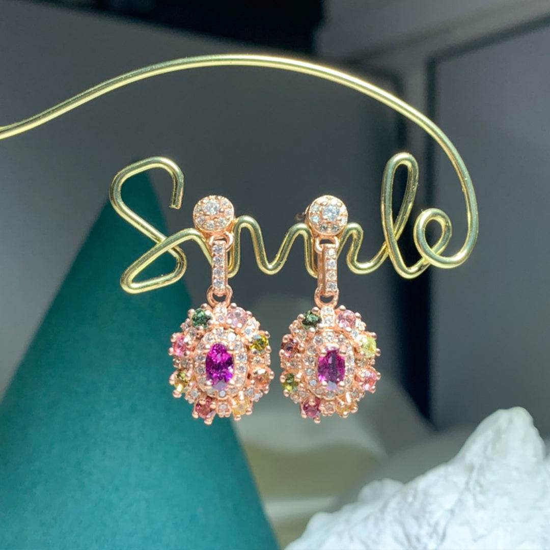 Multicolor Tourmaline Halo Oval-Cut Drop Earrings