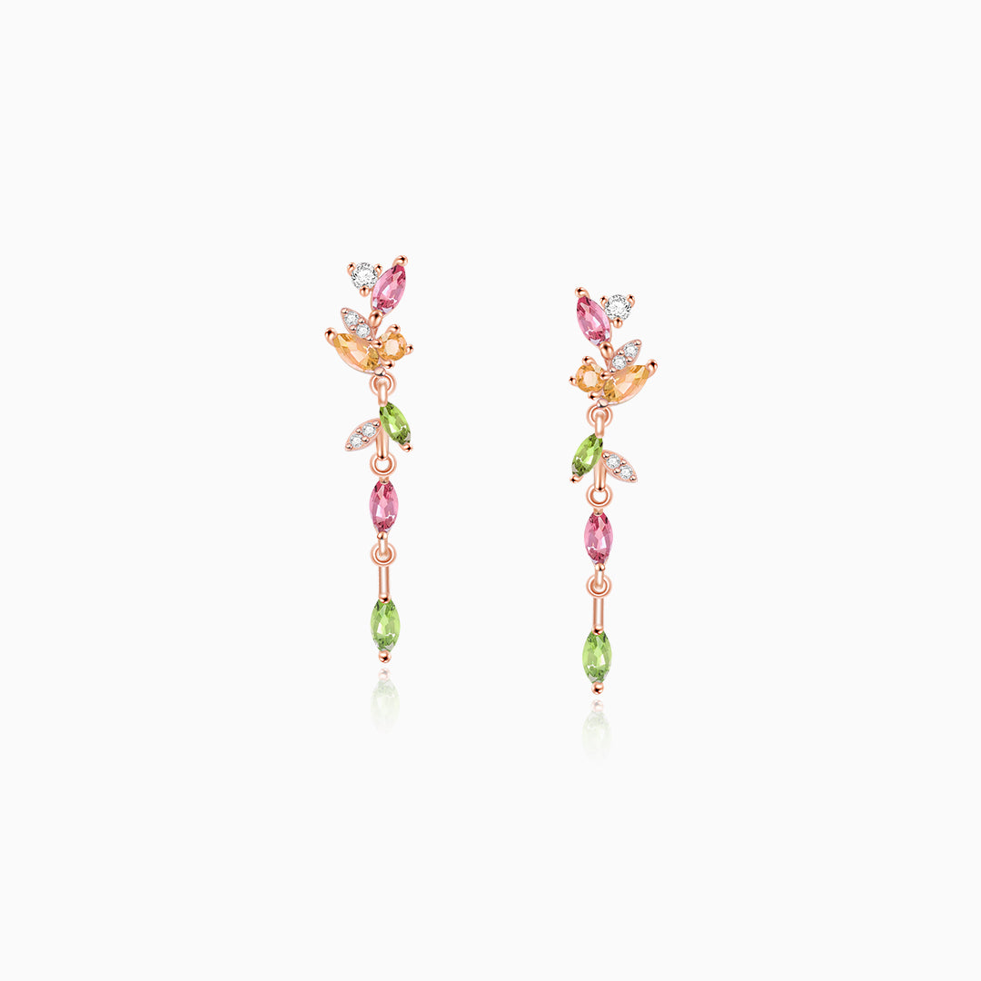 Multicolor Tourmaline Petal Starburst Oval-Cut Dangle Earrings – Cascading Bloom Design