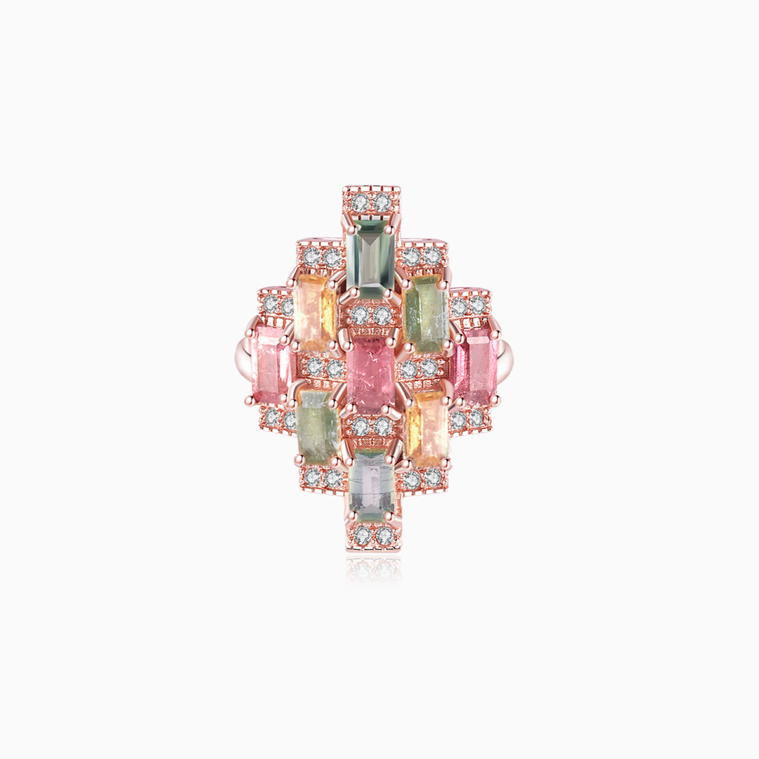 Multicolor Tourmaline Mosaic Emerald-Cut Ring – Geometric Spectrum Design