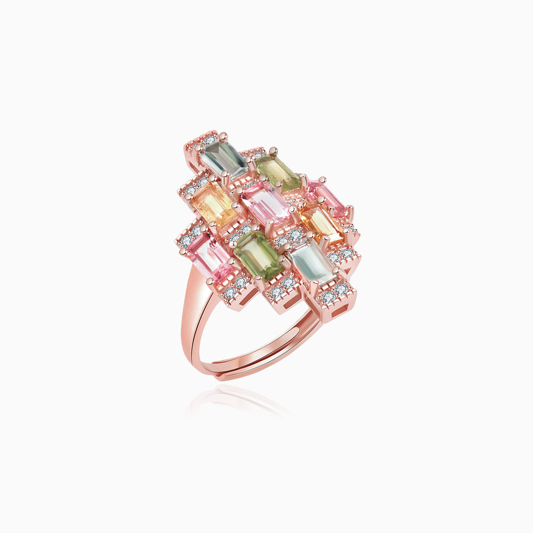 Multicolor Tourmaline Mosaic Emerald-Cut Ring – Geometric Spectrum Design